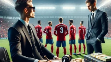 رجال أعمال يراقبون لاعبي كرة القدم أثناء استعدادهم لتقاضي رواتبهم